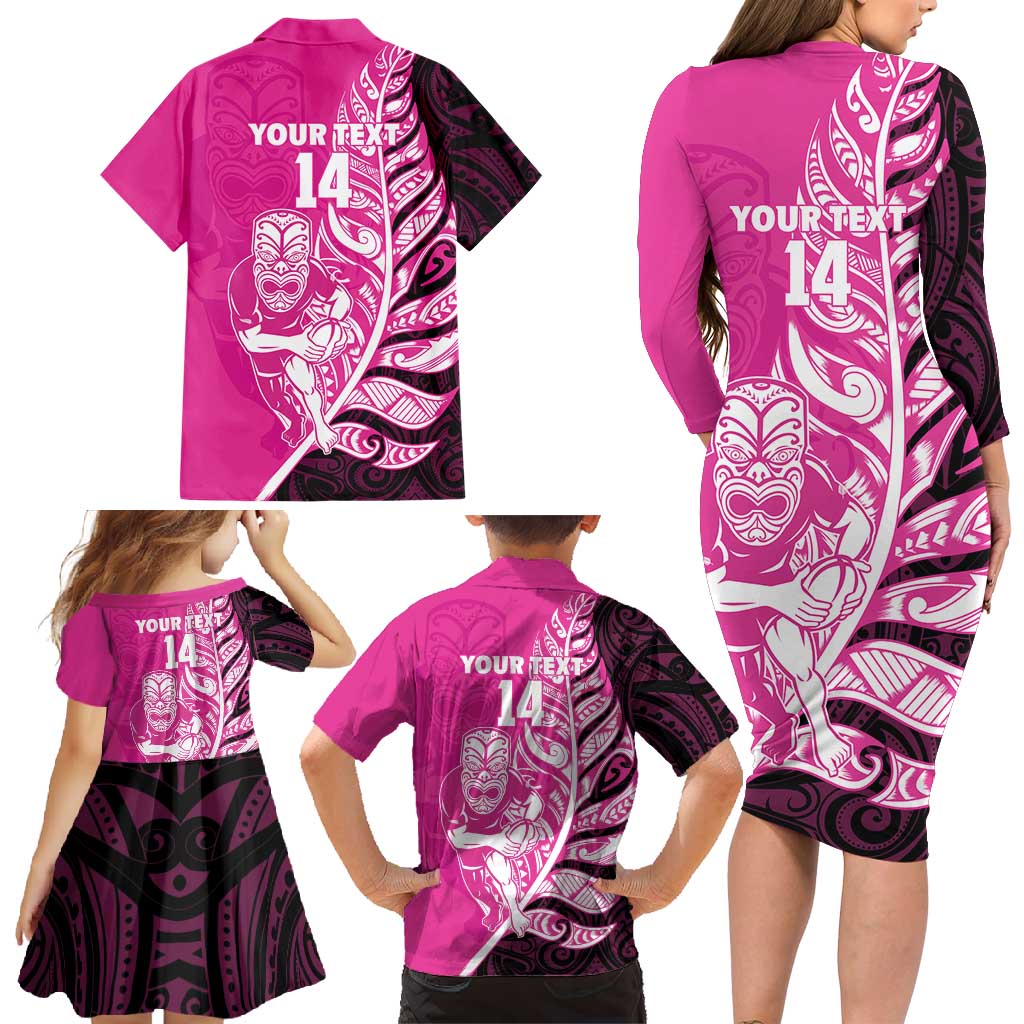 New Zealand Silver Fern Rugby Custom Family Matching Long Sleeve Bodycon Dress and Hawaiian Shirt All Black Maori Pattern Pink - Polynesian Pride