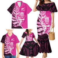 New Zealand Silver Fern Rugby Custom Family Matching Mermaid Dress and Hawaiian Shirt All Black Maori Pattern Pink - Polynesian Pride