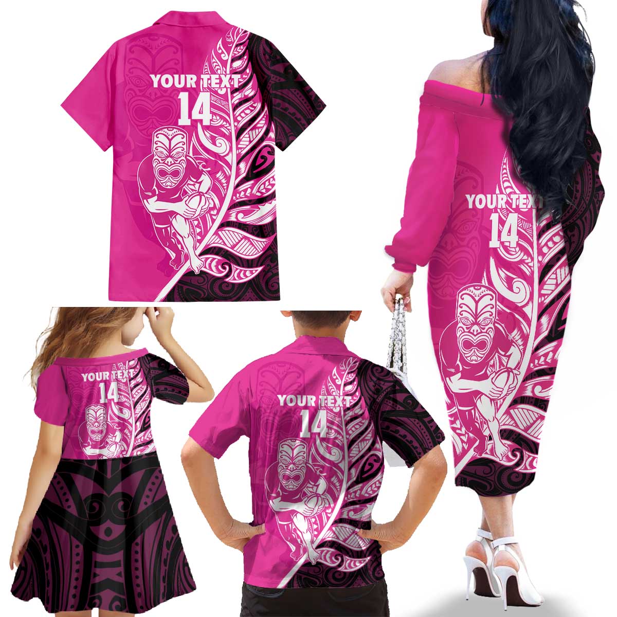 New Zealand Silver Fern Rugby Custom Family Matching Off The Shoulder Long Sleeve Dress and Hawaiian Shirt All Black Maori Pattern Pink - Polynesian Pride