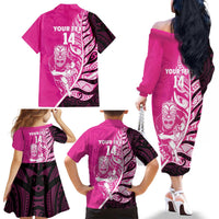 New Zealand Silver Fern Rugby Custom Family Matching Off The Shoulder Long Sleeve Dress and Hawaiian Shirt All Black Maori Pattern Pink - Polynesian Pride