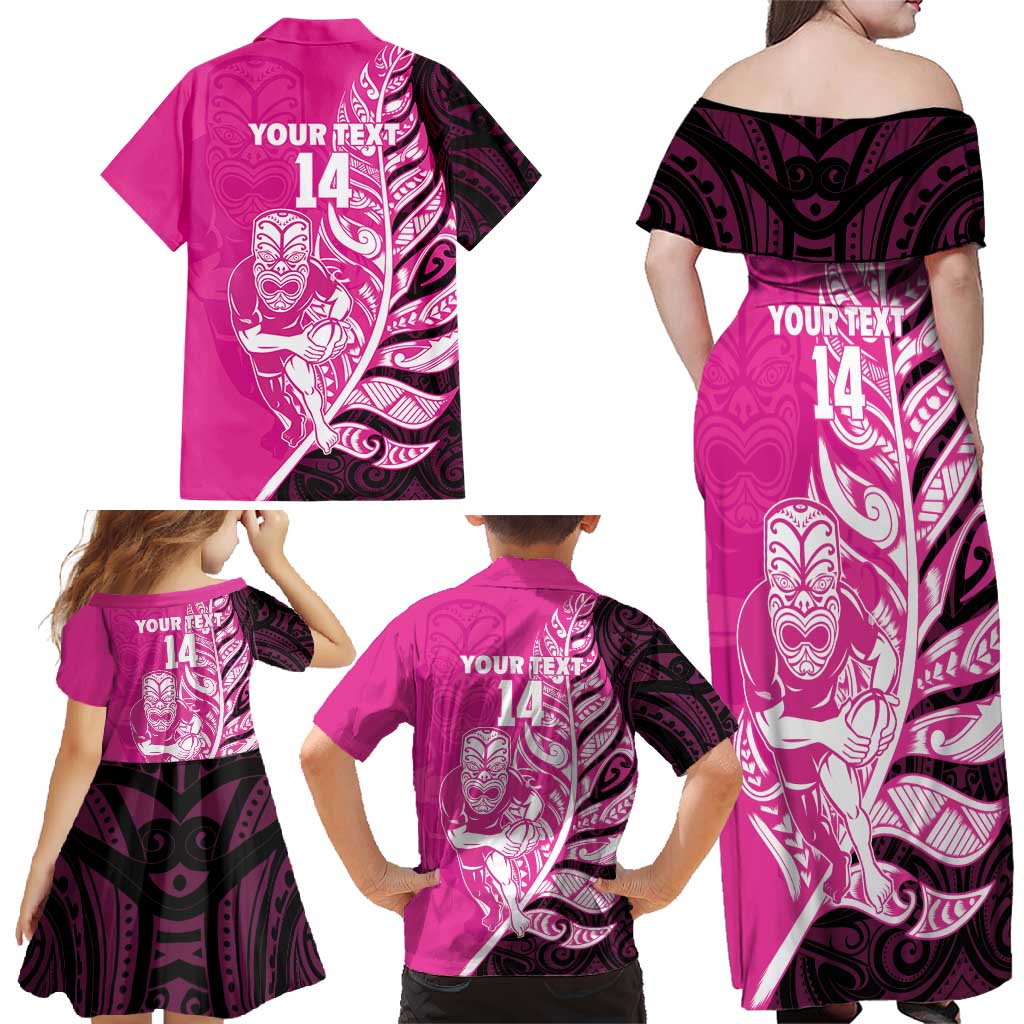 New Zealand Silver Fern Rugby Custom Family Matching Off Shoulder Maxi Dress and Hawaiian Shirt All Black Maori Pattern Pink - Polynesian Pride