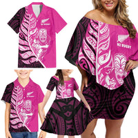 New Zealand Silver Fern Rugby Custom Family Matching Off Shoulder Short Dress and Hawaiian Shirt All Black Maori Pattern Pink - Polynesian Pride