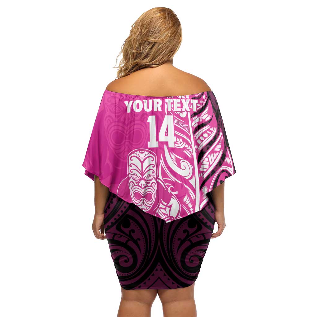 New Zealand Silver Fern Rugby Custom Family Matching Off Shoulder Short Dress and Hawaiian Shirt All Black Maori Pattern Pink - Polynesian Pride