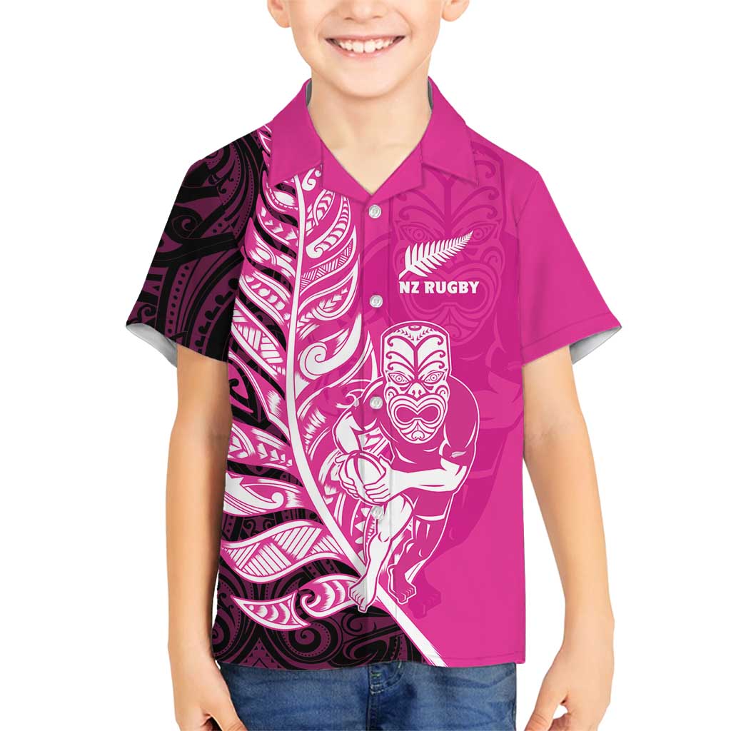 New Zealand Silver Fern Rugby Custom Family Matching Off Shoulder Short Dress and Hawaiian Shirt All Black Maori Pattern Pink - Polynesian Pride