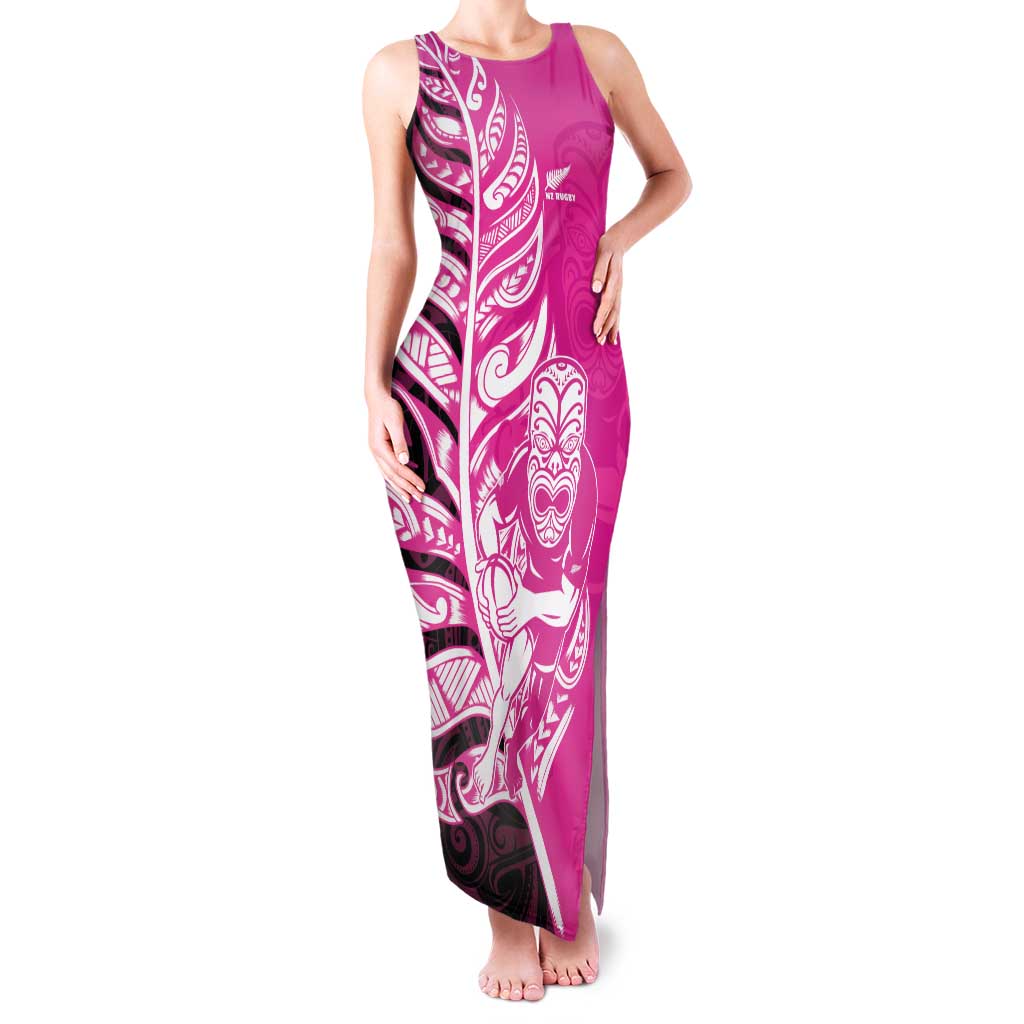 New Zealand Silver Fern Rugby Custom Family Matching Tank Maxi Dress and Hawaiian Shirt All Black Maori Pattern Pink - Polynesian Pride