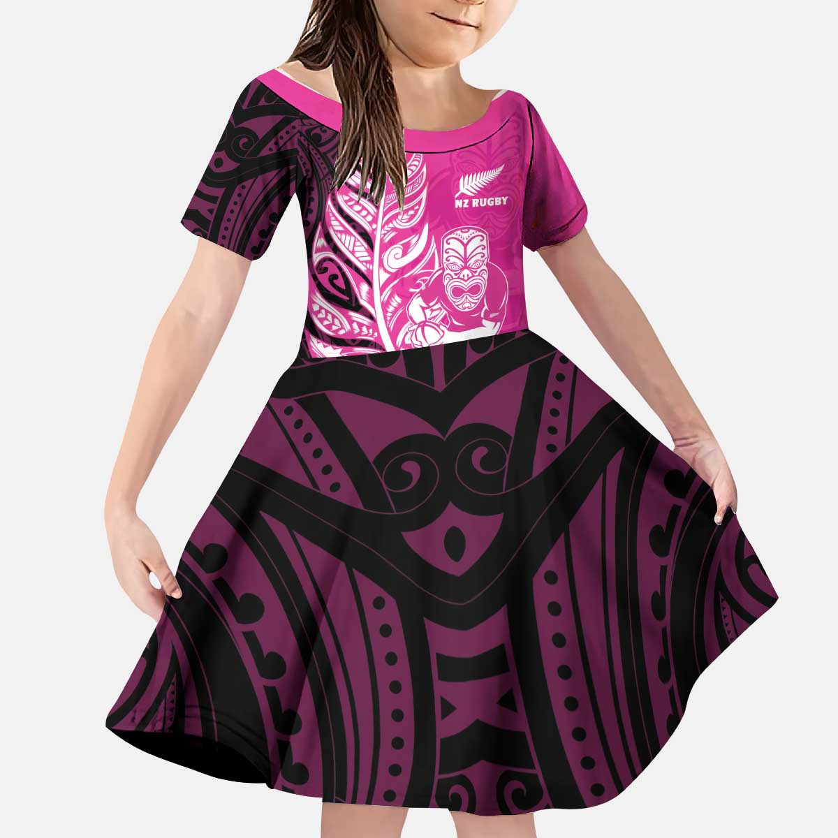 New Zealand Silver Fern Rugby Custom Kid Short Sleeve Dress All Black Maori Pattern Pink - Polynesian Pride