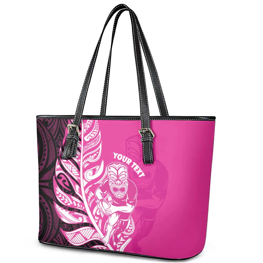 New Zealand Silver Fern Rugby Custom Leather Tote Bag All Black Maori Pattern Pink - Polynesian Pride