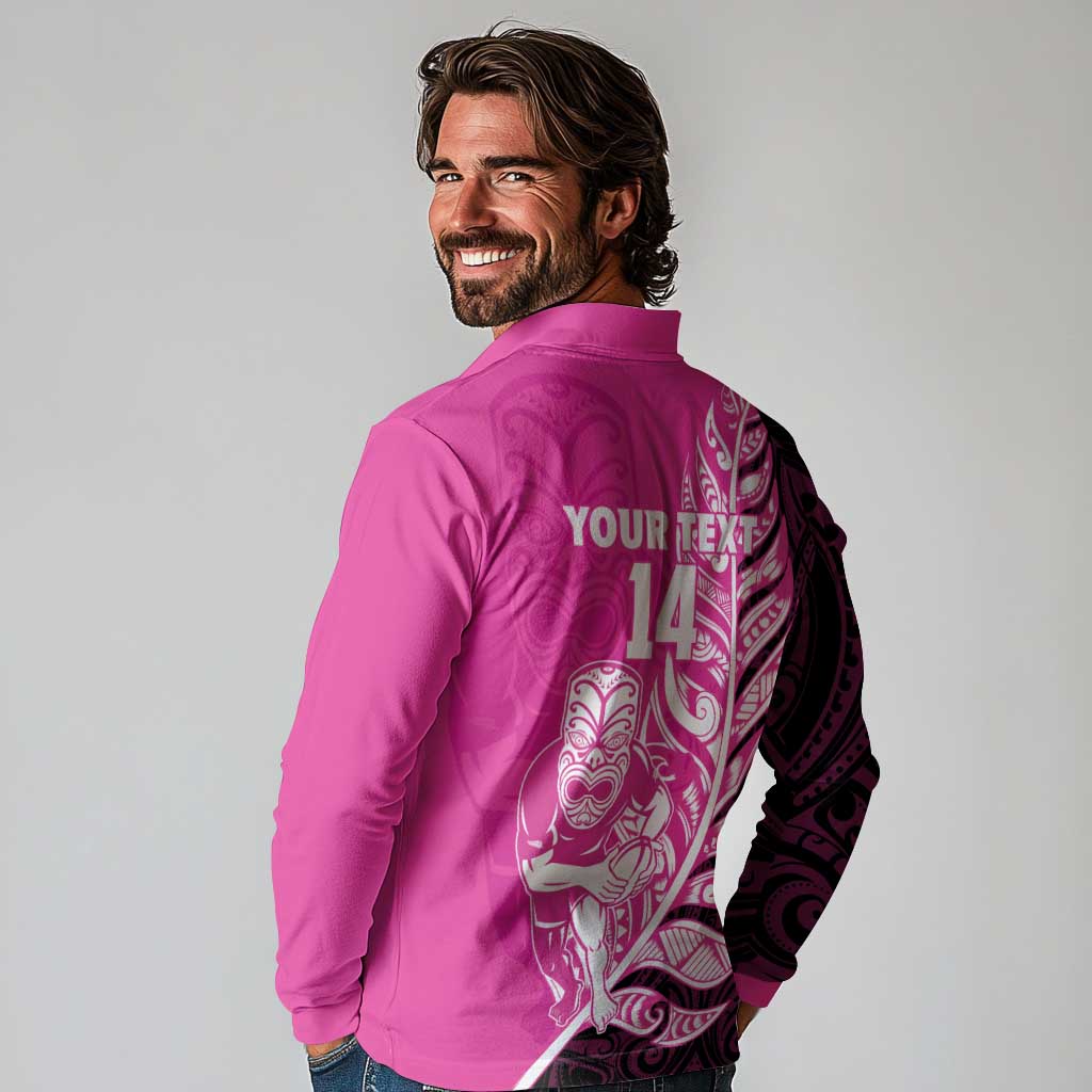 New Zealand Silver Fern Rugby Custom Long Sleeve Polo Shirt All Black Maori Pattern Pink - Polynesian Pride