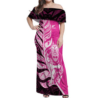 New Zealand Silver Fern Rugby Custom Off Shoulder Maxi Dress All Black Maori Pattern Pink - Polynesian Pride
