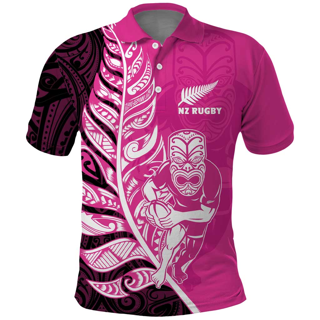 New Zealand Silver Fern Rugby Custom Polo Shirt All Black Maori Pattern Pink - Polynesian Pride