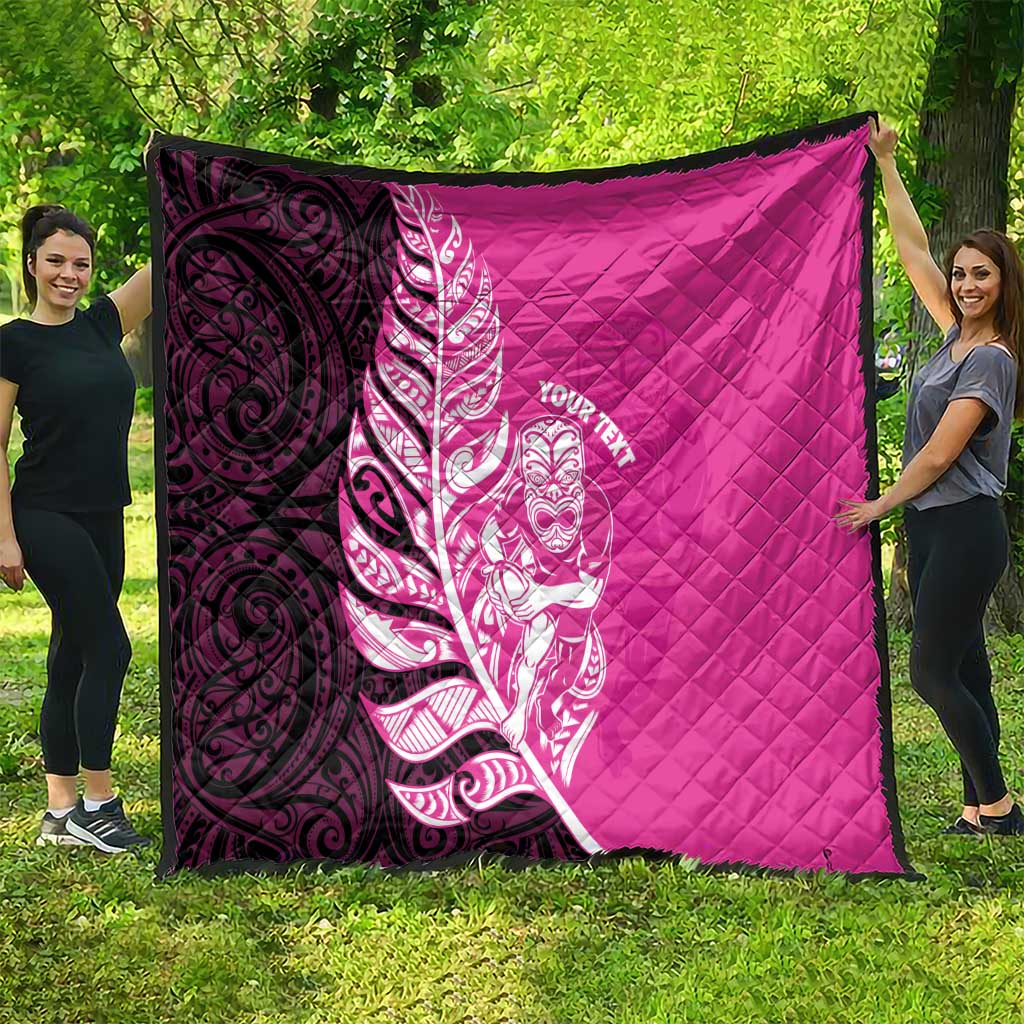 New Zealand Silver Fern Rugby Custom Quilt All Black Maori Pattern Pink - Polynesian Pride