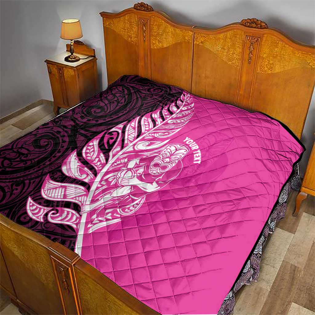 New Zealand Silver Fern Rugby Custom Quilt All Black Maori Pattern Pink - Polynesian Pride