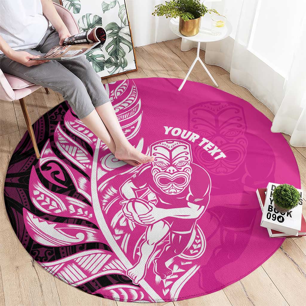 New Zealand Silver Fern Rugby Custom Round Carpet All Black Maori Pattern Pink - Polynesian Pride