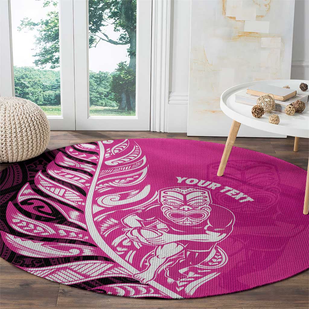 New Zealand Silver Fern Rugby Custom Round Carpet All Black Maori Pattern Pink - Polynesian Pride