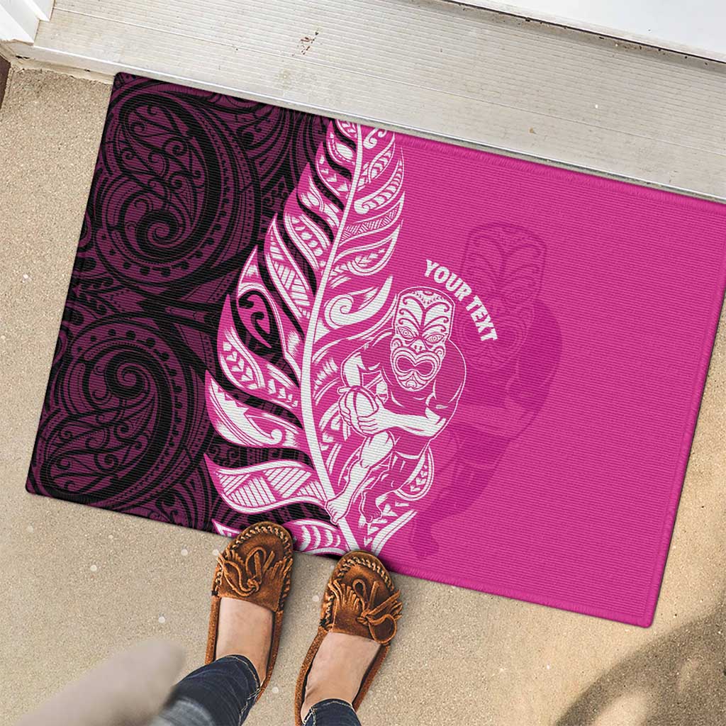 New Zealand Silver Fern Rugby Custom Rubber Doormat All Black Maori Pattern Pink - Polynesian Pride