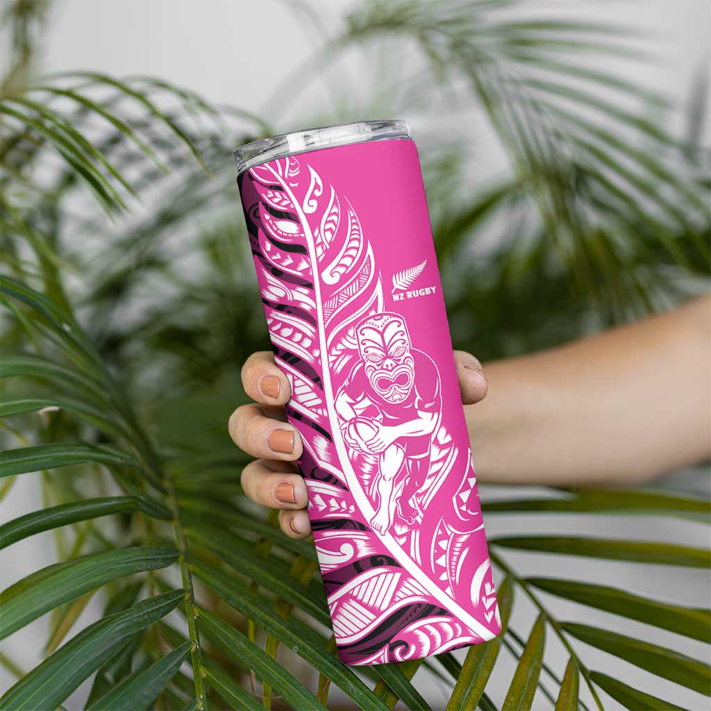 New Zealand Silver Fern Rugby Custom Skinny Tumbler All Black Maori Pattern Pink LT14 - Polynesian Pride