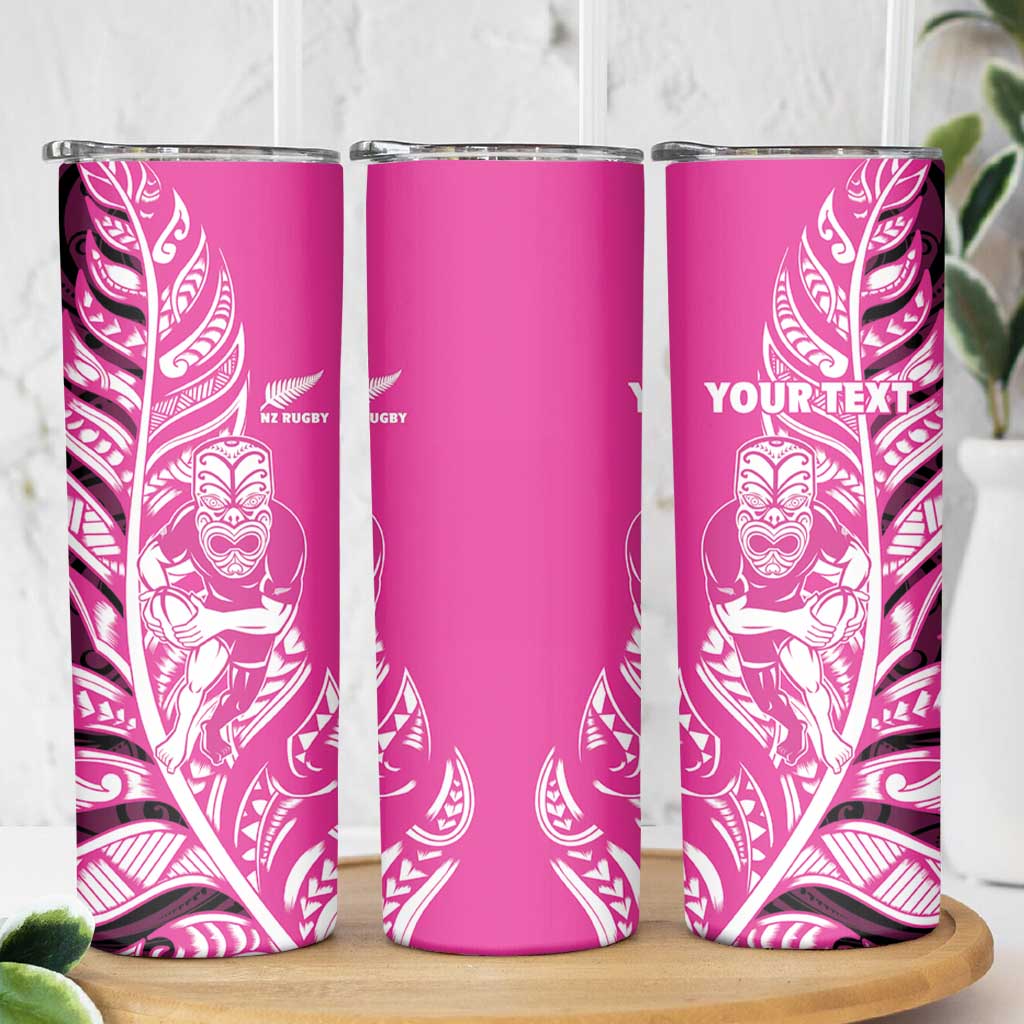 New Zealand Silver Fern Rugby Custom Skinny Tumbler All Black Maori Pattern Pink LT14 - Polynesian Pride