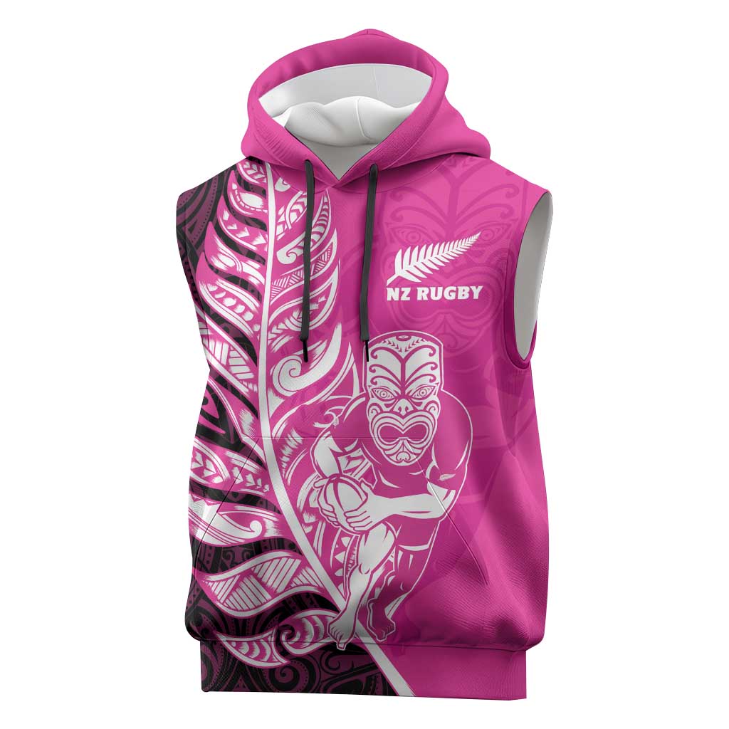 New Zealand Silver Fern Rugby Custom Sleeveless Hoodie All Black Maori Pattern Pink - Polynesian Pride