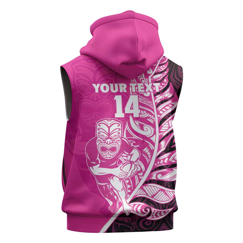 New Zealand Silver Fern Rugby Custom Sleeveless Hoodie All Black Maori Pattern Pink - Polynesian Pride