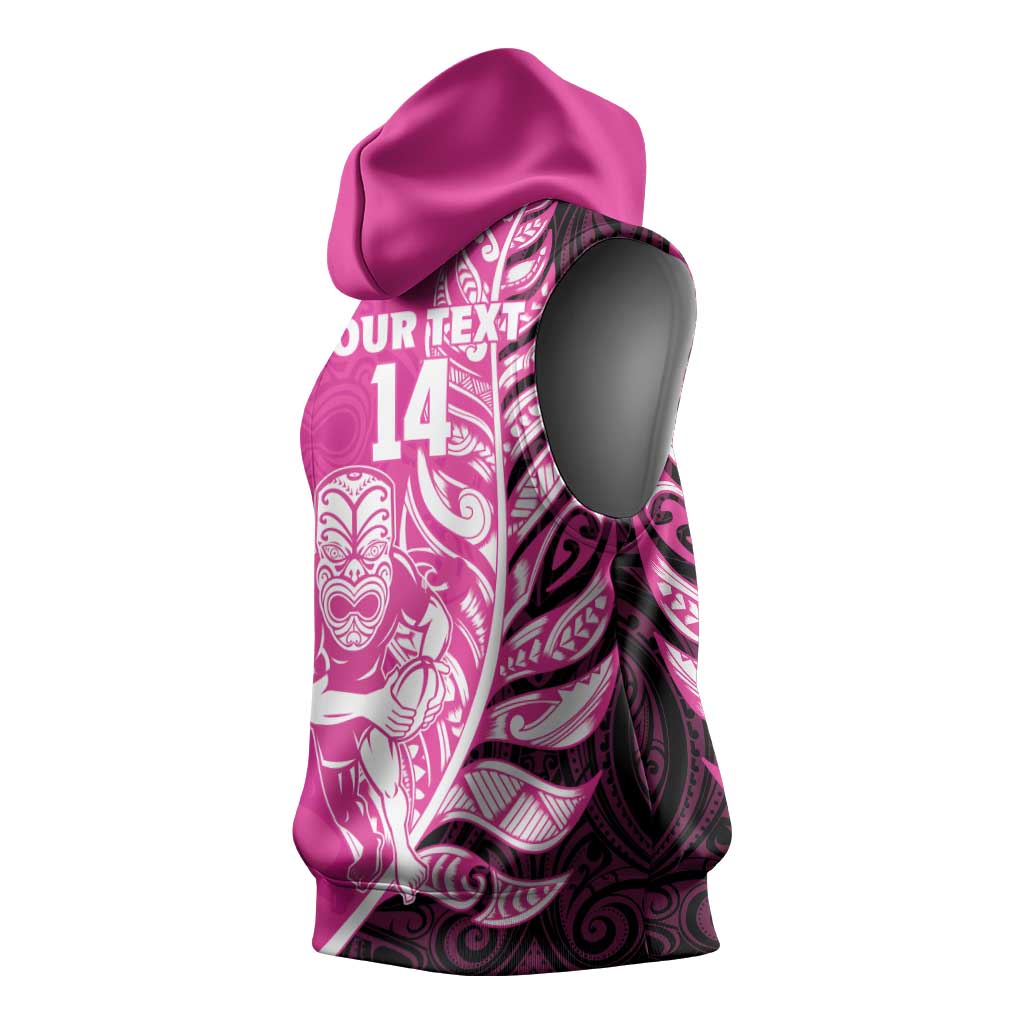 New Zealand Silver Fern Rugby Custom Sleeveless Hoodie All Black Maori Pattern Pink - Polynesian Pride