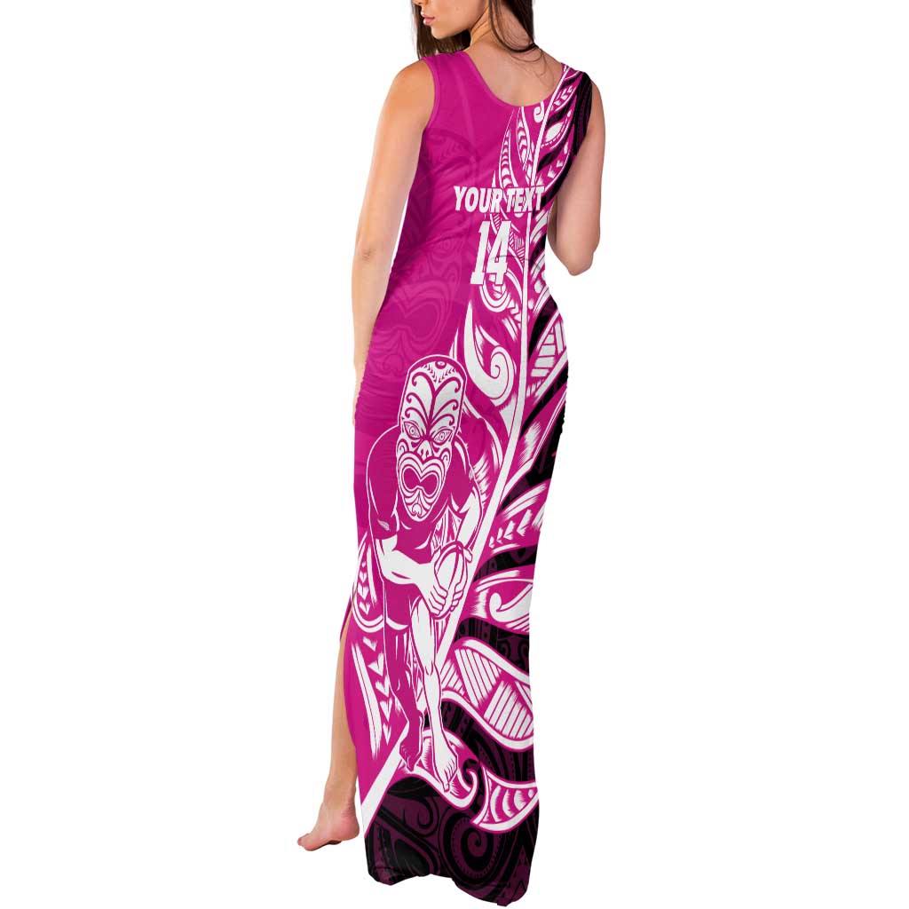 New Zealand Silver Fern Rugby Custom Tank Maxi Dress All Black Maori Pattern Pink - Polynesian Pride