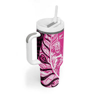 New Zealand Silver Fern Rugby Custom Tumbler With Handle All Black Maori Pattern Pink - Polynesian Pride
