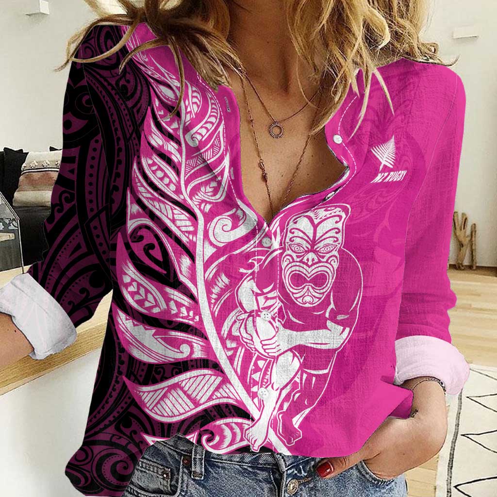 New Zealand Silver Fern Rugby Custom Women Casual Shirt All Black Maori Pattern Pink - Polynesian Pride