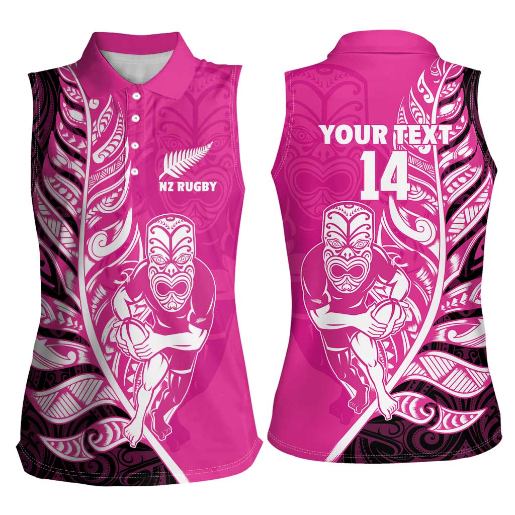 New Zealand Silver Fern Rugby Custom Women Sleeveless Polo Shirt All Black Maori Pattern Pink - Polynesian Pride