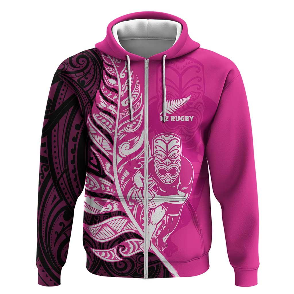 New Zealand Silver Fern Rugby Custom Zip Hoodie All Black Maori Pattern Pink - Polynesian Pride