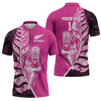 New Zealand Silver Fern Rugby Custom Zipper Polo Shirt All Black Maori Pattern Pink - Polynesian Pride