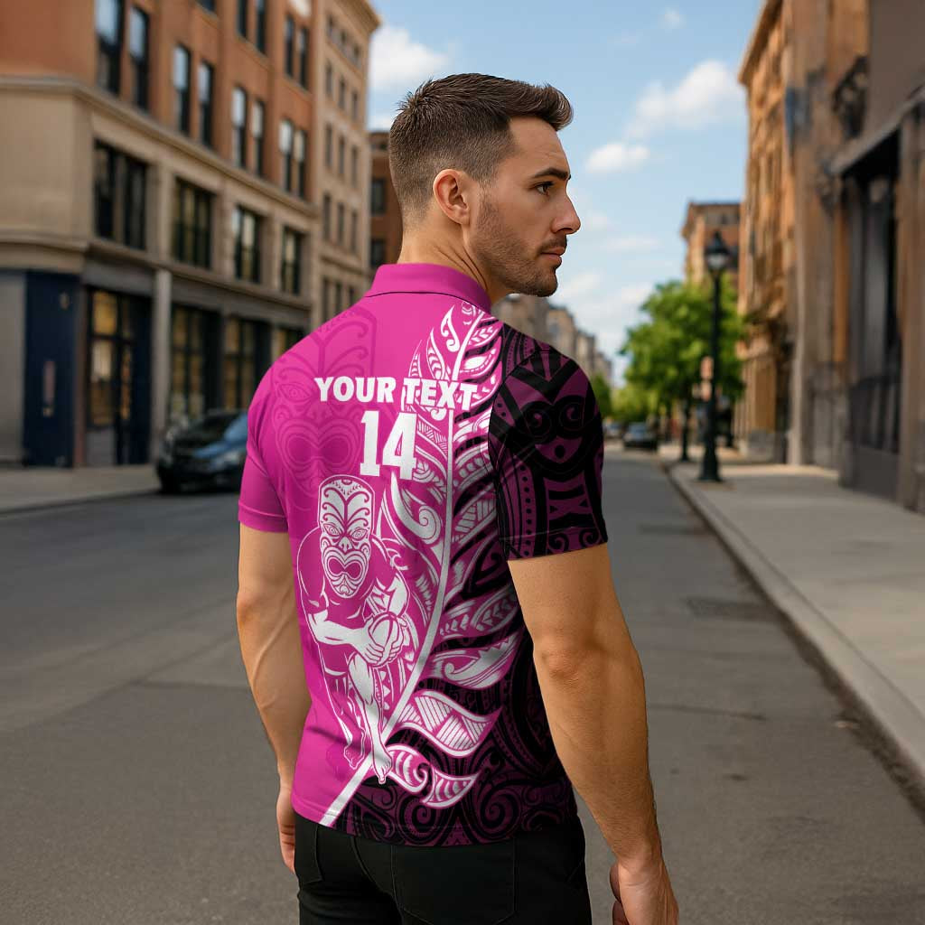 New Zealand Silver Fern Rugby Custom Zipper Polo Shirt All Black Maori Pattern Pink - Polynesian Pride