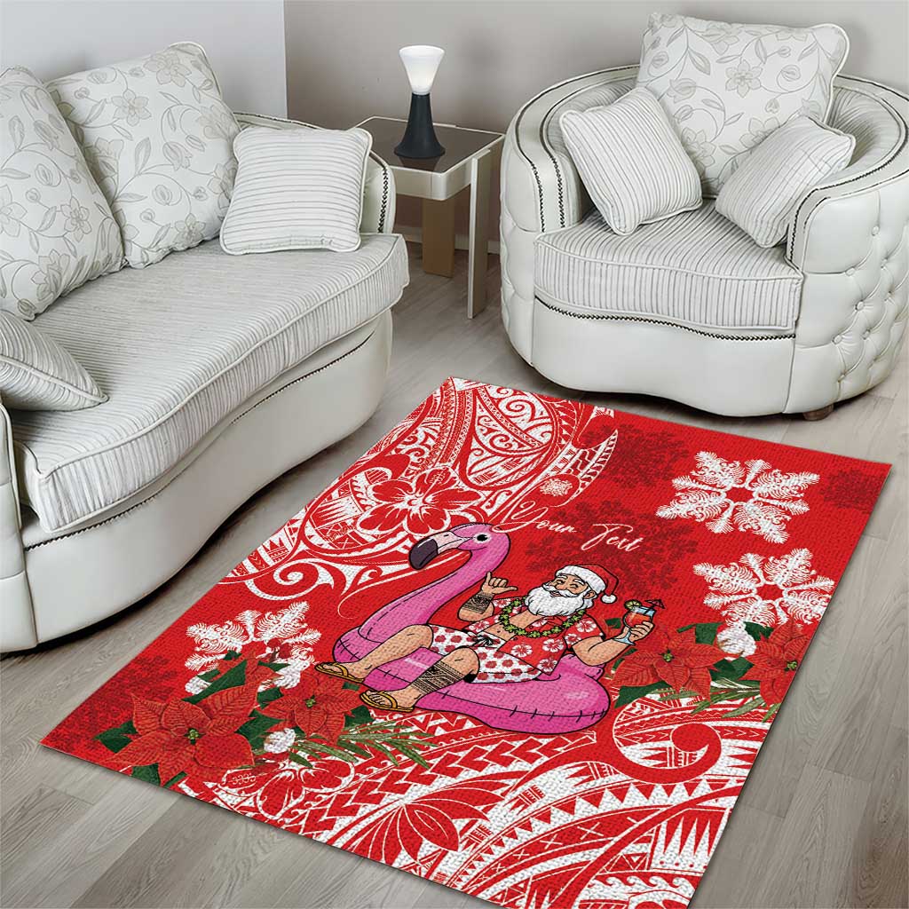Personalized Hawaii Christmas Area Rug Mele Kalikimaka Chilling Shaka Santa Flamingo - Polynesian Pride