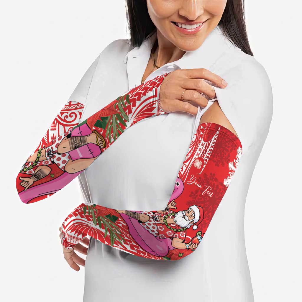 Personalized Hawaii Christmas Arm Sleeves Mele Kalikimaka Chilling Shaka Santa Flamingo - Polynesian Pride