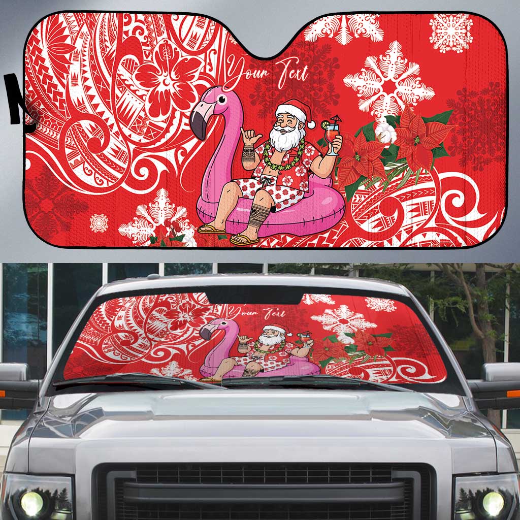 Personalized Hawaii Christmas Auto Sun Shade Mele Kalikimaka Chilling Shaka Santa Flamingo - Polynesian Pride