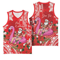 Personalized Hawaii Christmas Basketball Jersey Mele Kalikimaka Chilling Shaka Santa Flamingo - Polynesian Pride