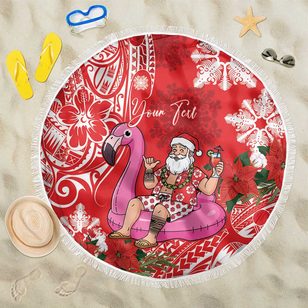 Personalized Hawaii Christmas Beach Blanket Mele Kalikimaka Chilling Shaka Santa Flamingo - Polynesian Pride