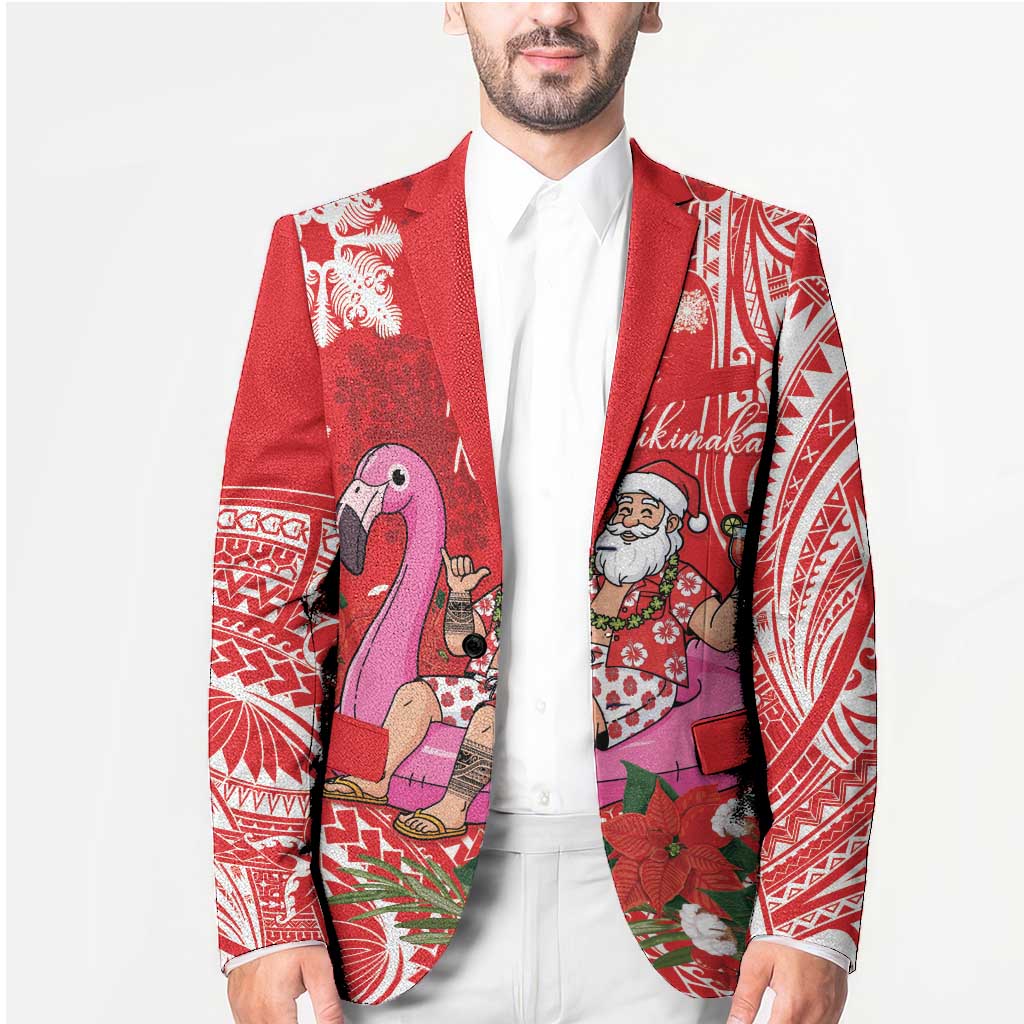 Personalized Hawaii Christmas Blazer Mele Kalikimaka Chilling Shaka Santa Flamingo - Polynesian Pride