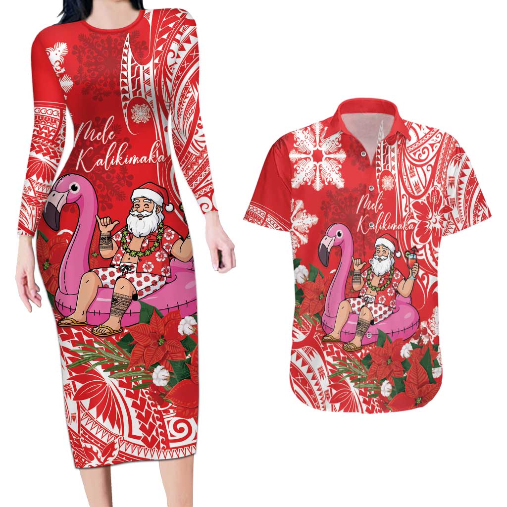 Personalized Hawaii Christmas Couples Matching Long Sleeve Bodycon Dress and Hawaiian Shirt Mele Kalikimaka Chilling Shaka Santa Flamingo - Polynesian Pride