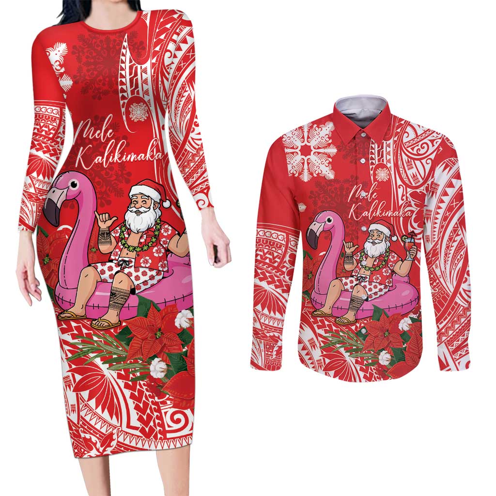 Personalized Hawaii Christmas Couples Matching Long Sleeve Bodycon Dress and Long Sleeve Button Shirt Mele Kalikimaka Chilling Shaka Santa Flamingo - Polynesian Pride