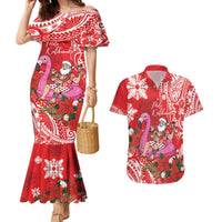 Personalized Hawaii Christmas Couples Matching Mermaid Dress and Hawaiian Shirt Mele Kalikimaka Chilling Shaka Santa Flamingo - Polynesian Pride