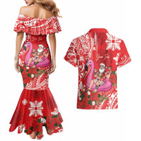 Personalized Hawaii Christmas Couples Matching Mermaid Dress and Hawaiian Shirt Mele Kalikimaka Chilling Shaka Santa Flamingo - Polynesian Pride