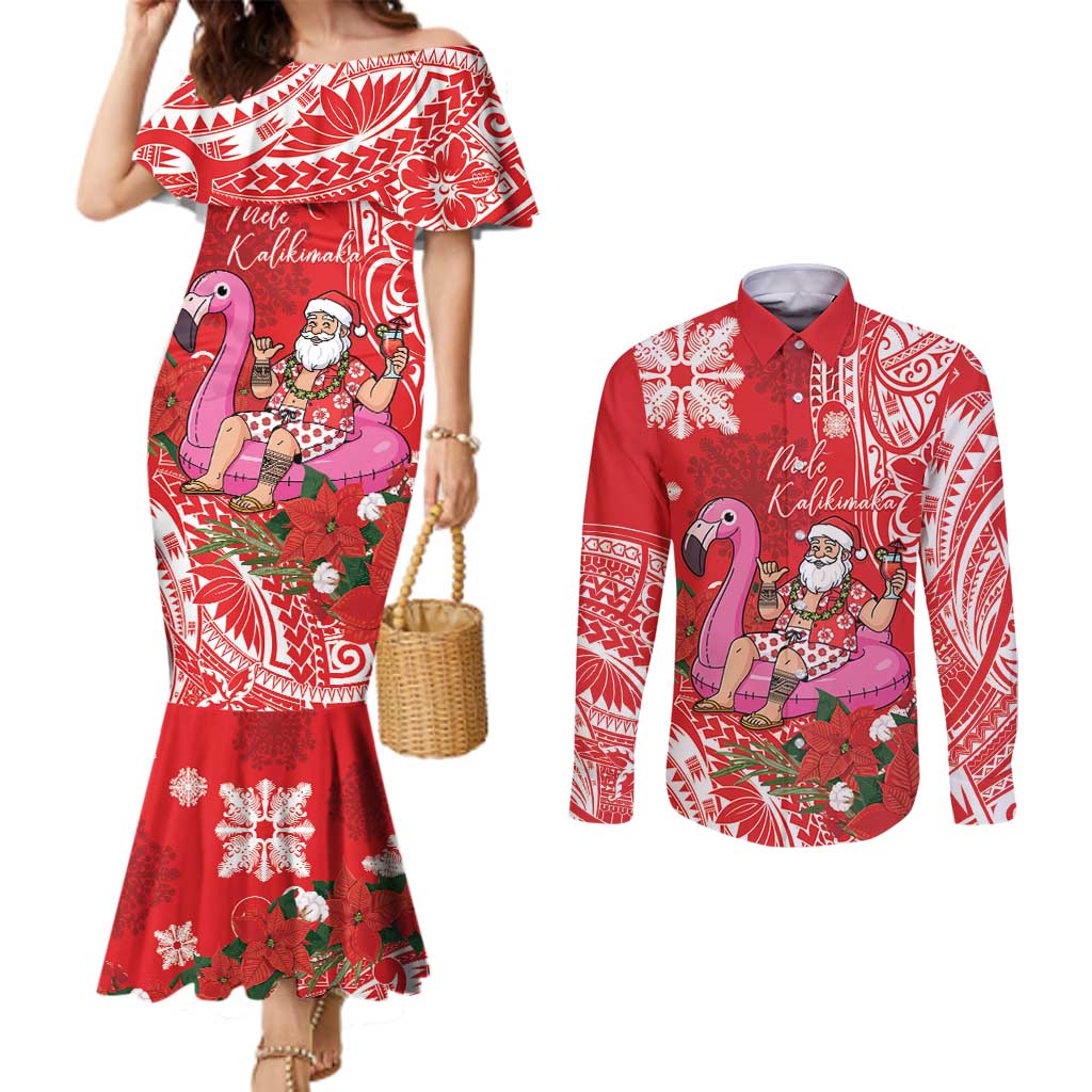Personalized Hawaii Christmas Couples Matching Mermaid Dress and Long Sleeve Button Shirt Mele Kalikimaka Chilling Shaka Santa Flamingo - Polynesian Pride