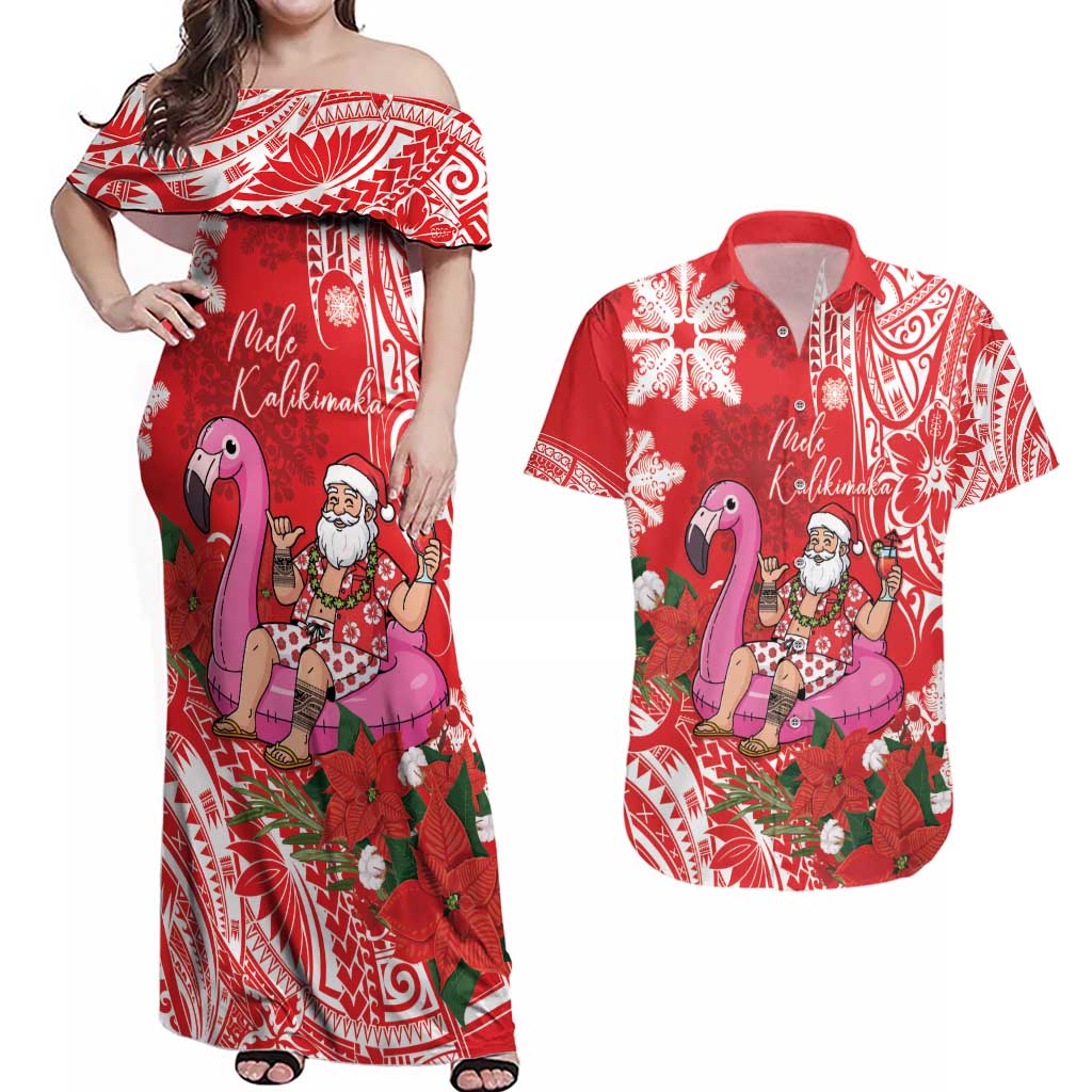 Personalized Hawaii Christmas Couples Matching Off Shoulder Maxi Dress and Hawaiian Shirt Mele Kalikimaka Chilling Shaka Santa Flamingo - Polynesian Pride