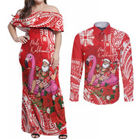 Personalized Hawaii Christmas Couples Matching Off Shoulder Maxi Dress and Long Sleeve Button Shirt Mele Kalikimaka Chilling Shaka Santa Flamingo - Polynesian Pride