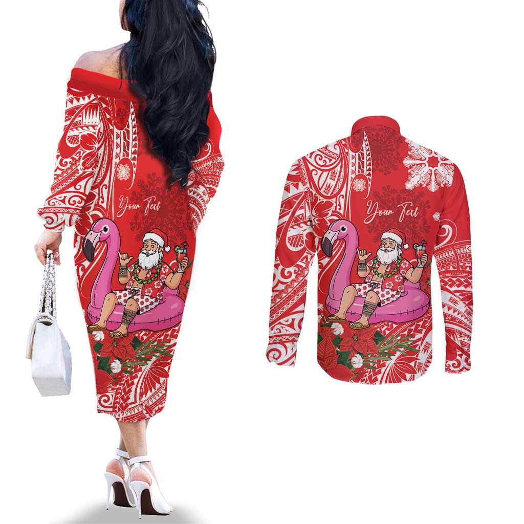 Personalized Hawaii Christmas Couples Matching Off The Shoulder Long Sleeve Dress and Long Sleeve Button Shirt Mele Kalikimaka Chilling Shaka Santa Flamingo - Polynesian Pride