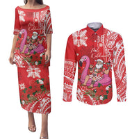 Personalized Hawaii Christmas Couples Matching Puletasi and Long Sleeve Button Shirt Mele Kalikimaka Chilling Shaka Santa Flamingo - Polynesian Pride