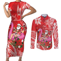 Personalized Hawaii Christmas Couples Matching Short Sleeve Bodycon Dress and Long Sleeve Button Shirt Mele Kalikimaka Chilling Shaka Santa Flamingo - Polynesian Pride