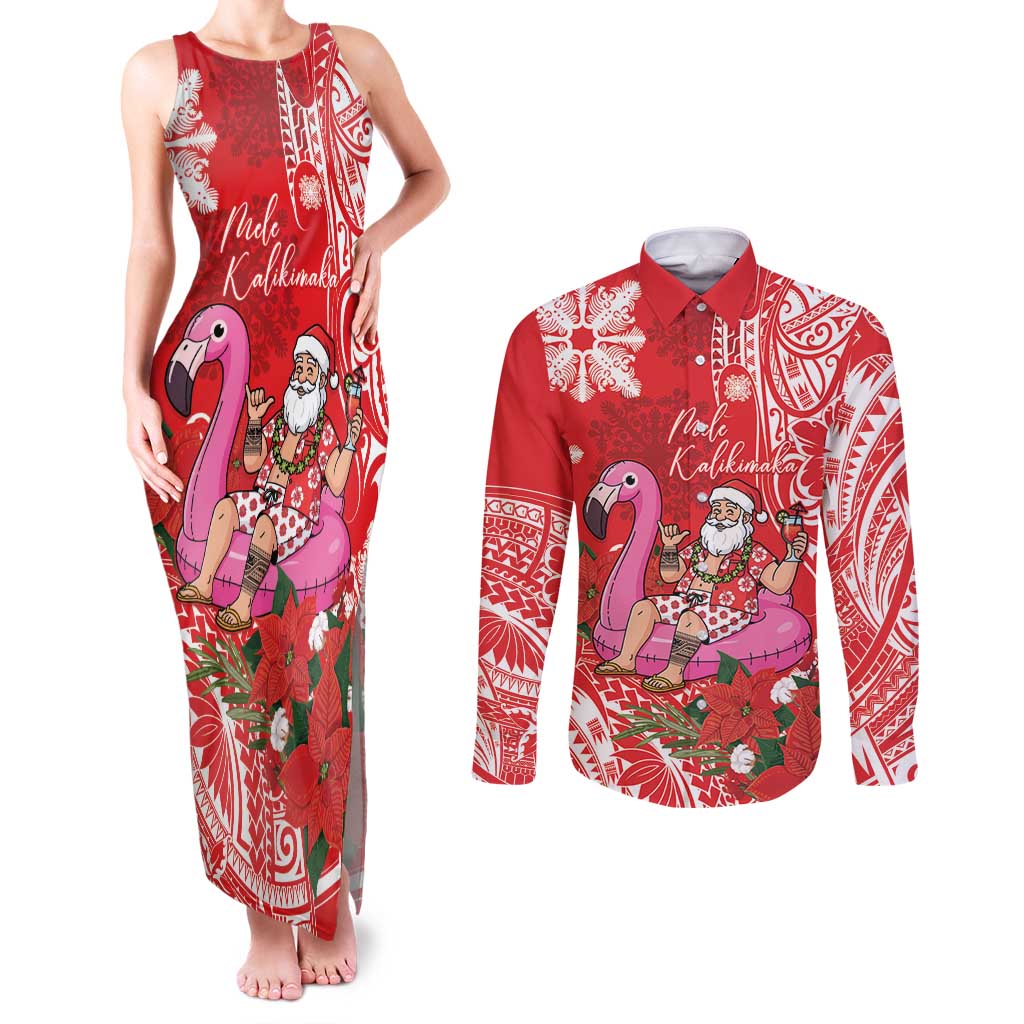 Personalized Hawaii Christmas Couples Matching Tank Maxi Dress and Long Sleeve Button Shirt Mele Kalikimaka Chilling Shaka Santa Flamingo - Polynesian Pride