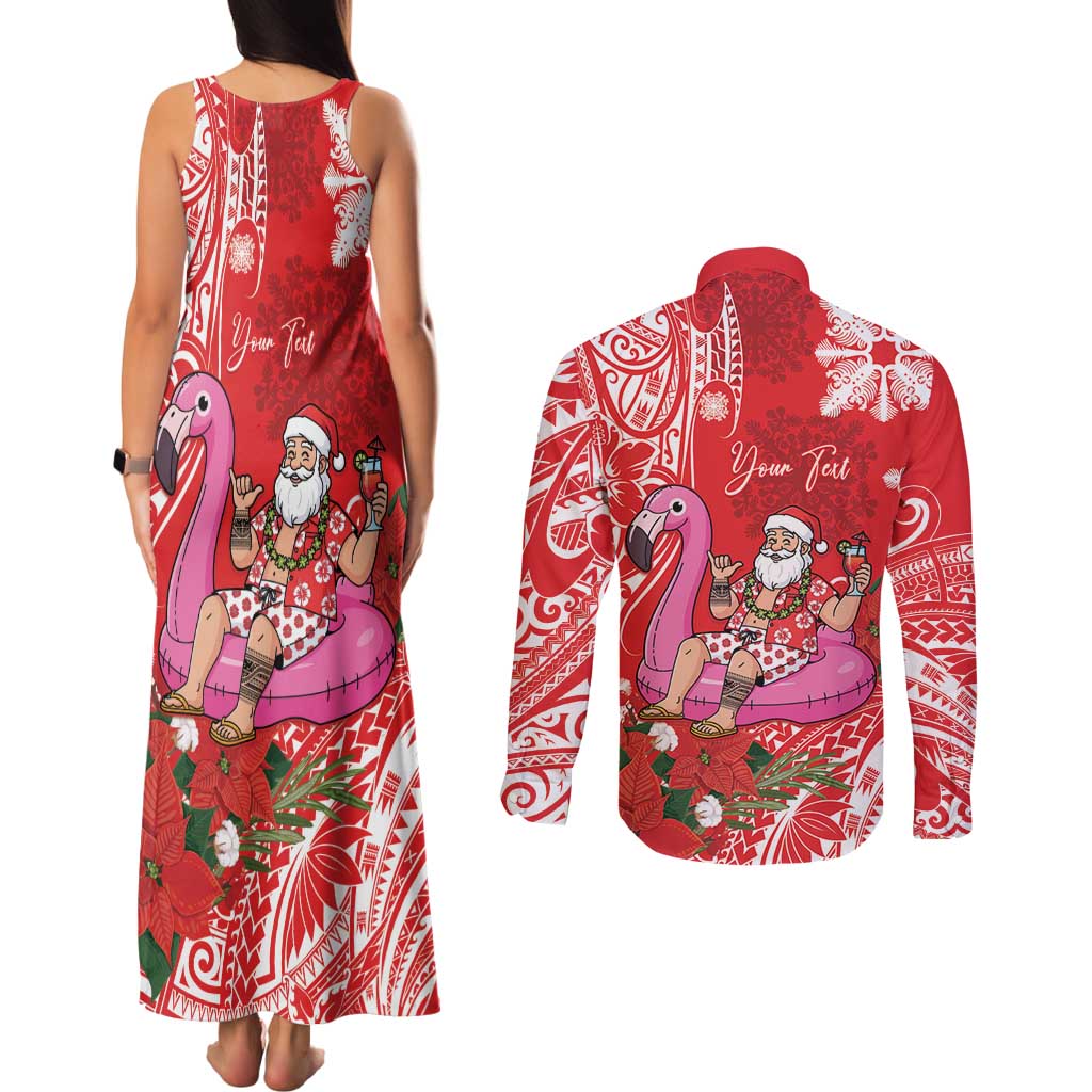 Personalized Hawaii Christmas Couples Matching Tank Maxi Dress and Long Sleeve Button Shirt Mele Kalikimaka Chilling Shaka Santa Flamingo - Polynesian Pride