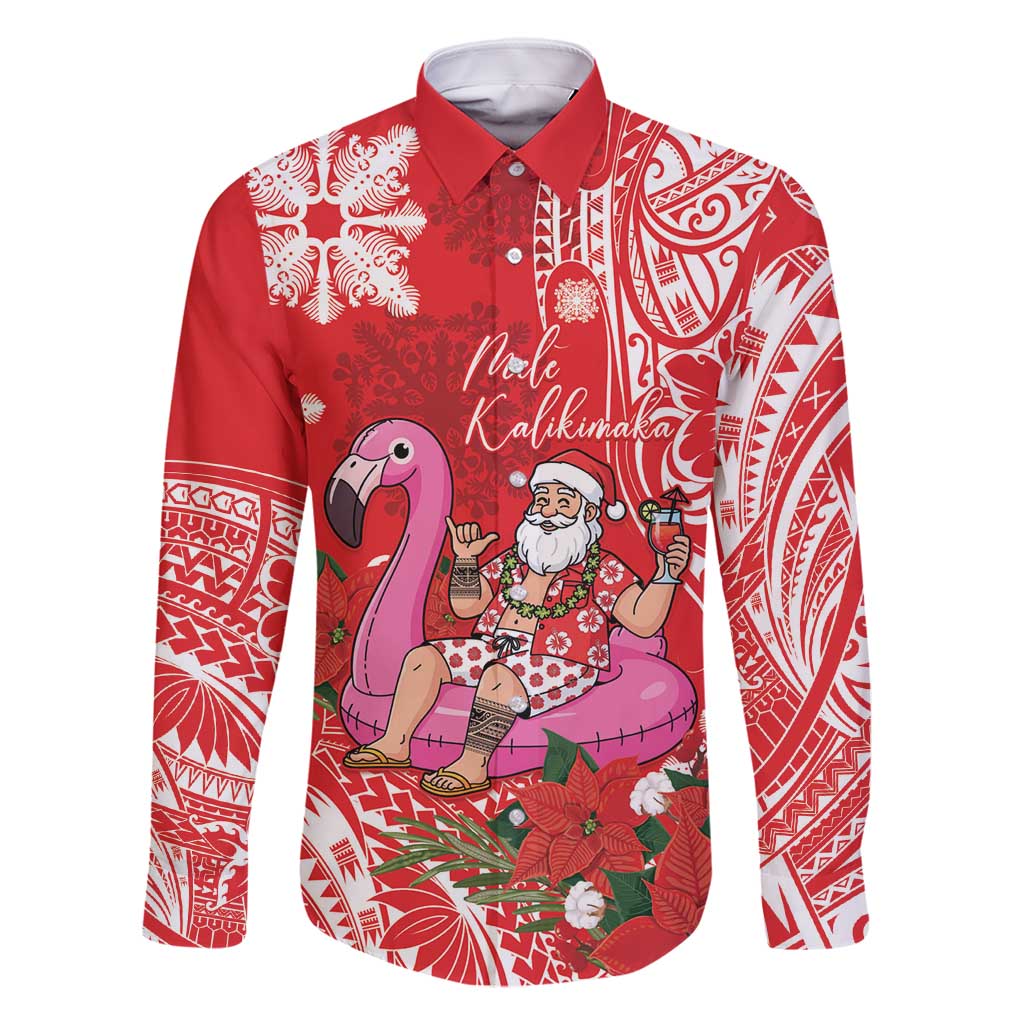 Personalized Hawaii Christmas Family Matching Long Sleeve Bodycon Dress and Hawaiian Shirt Mele Kalikimaka Chilling Shaka Santa Flamingo - Polynesian Pride